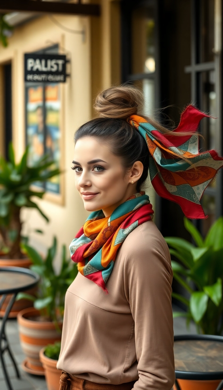 30 Windy Day Hairstyles That'll Keep You Stylish No Matter the Weather! - 6. Top Knot with a Scarf