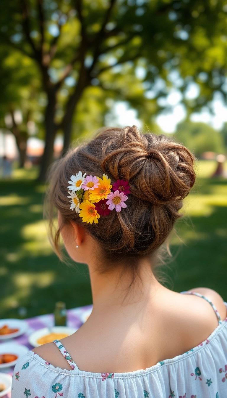 38 Grandma Hairstyles That'll Make You Feel Like a Timeless Beauty! - Messy Bun with a Floral Accent