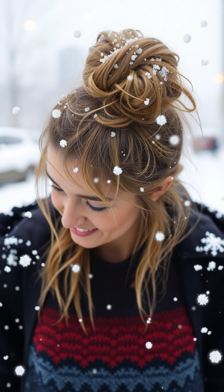 31 Festive Hairstyles to Rock This Christmas (You Won't Believe #15!) - 7. Snowy Messy Bun