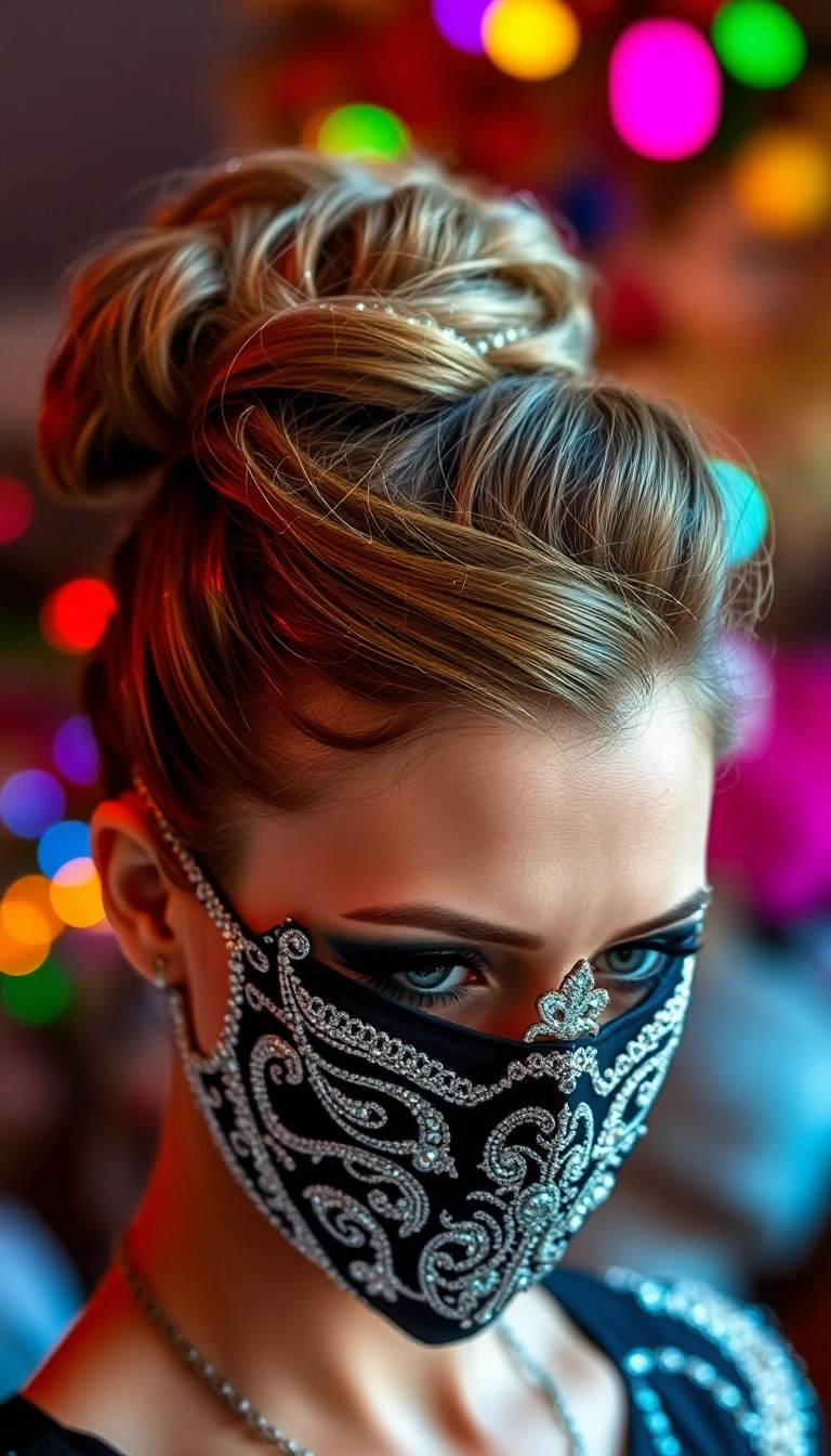 32 Stunning Masquerade Hairstyles That Will Steal the Show (You Won't Believe #15!) - 5. Messy Bun with Glitter