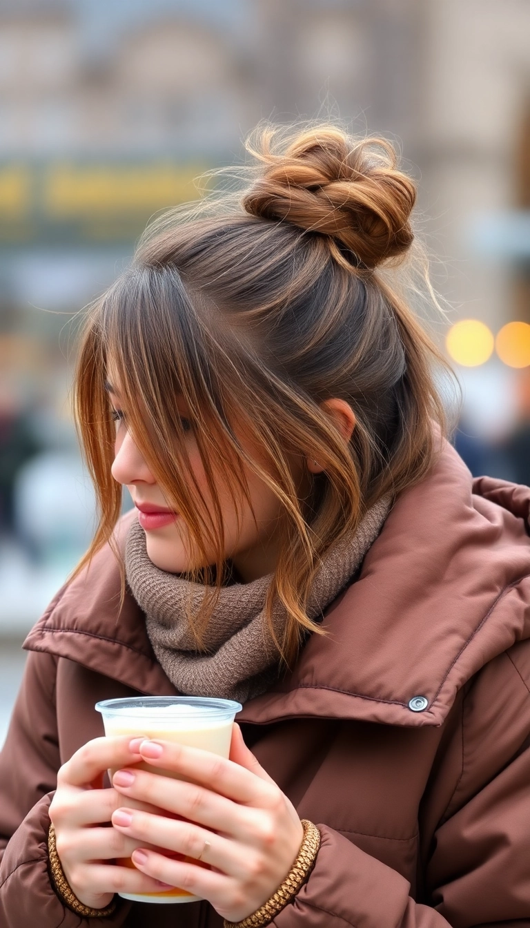 32 Stunning Winter Hairstyles That Will Make You Look Like a Snow Queen! - 20. Messy Top Knot