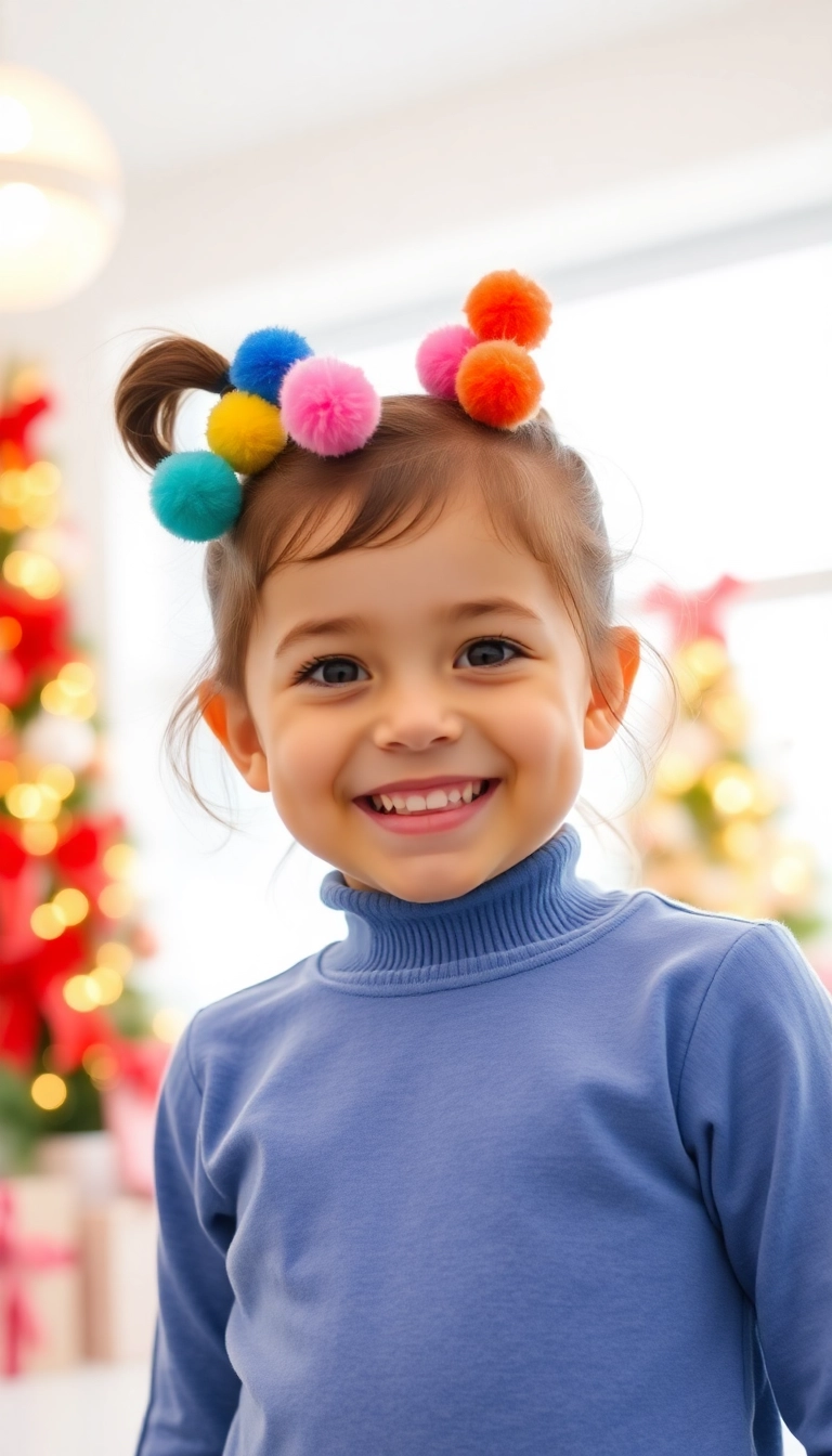 38 Adorable Christmas Hairstyles for Kids That Will Steal the Show! (You Won't Believe #16!) - 24. Pom-Pom Accessories