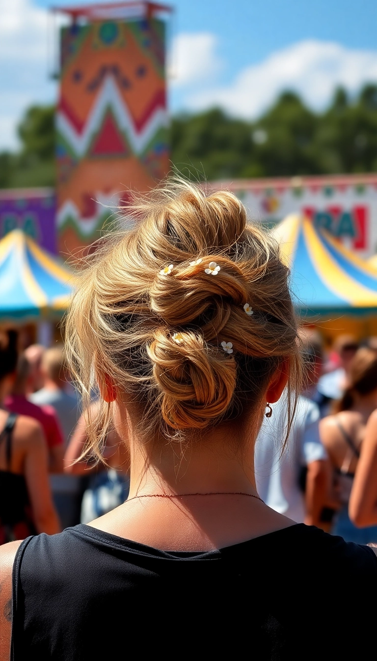 33 Bohemian Rapunzel Hairstyles to Rock at Your Next Festival (You’ll Stand Out!) - 7. Messy Bun with Flower Accents