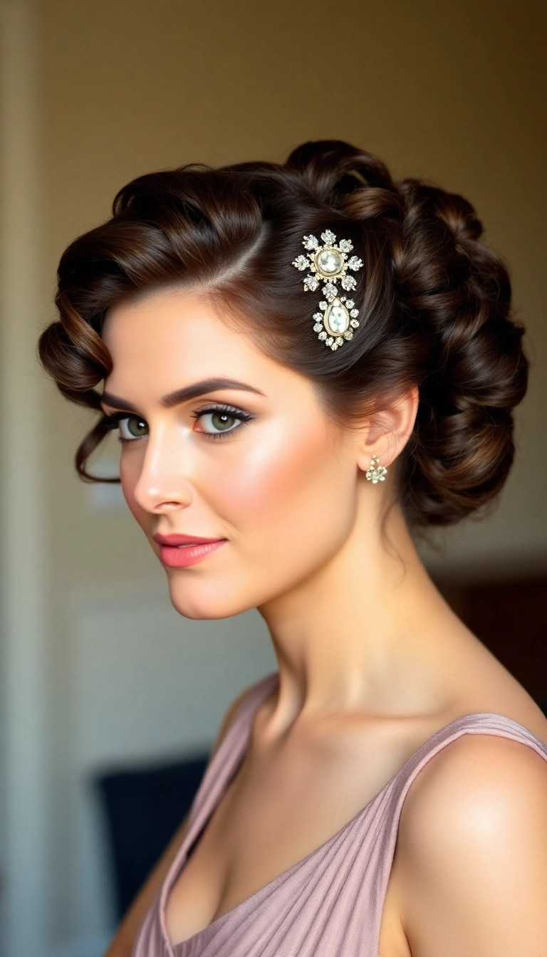 38 Grandma Hairstyles That'll Make You Feel Like a Timeless Beauty! - Curly Updo with a Brooch