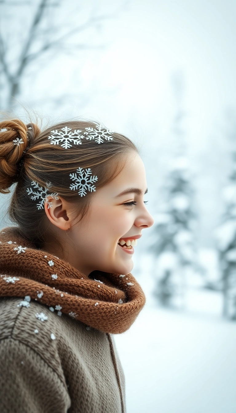 34 Easy and Fun Elsa Hairstyles for Kids That They'll Absolutely Adore! - Messy Bun with Snowflakes