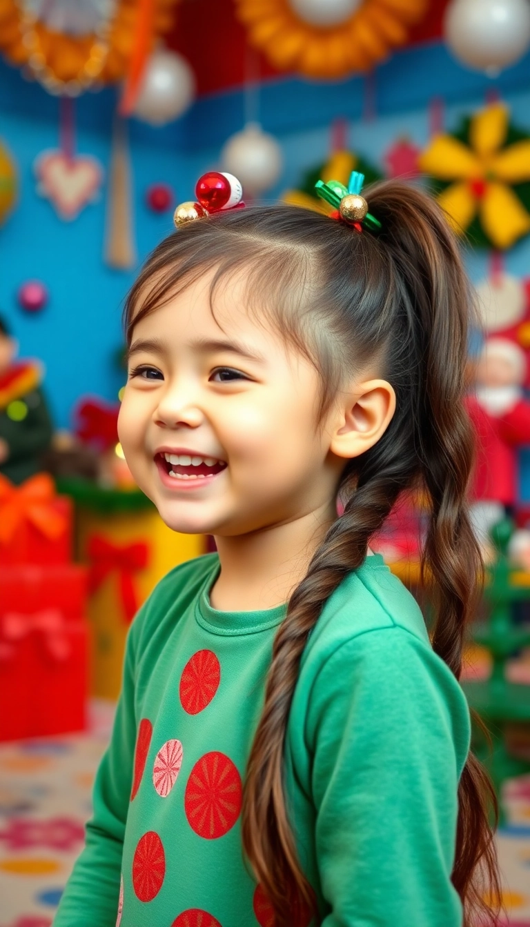 38 Adorable Christmas Hairstyles for Kids That Will Steal the Show! (You Won't Believe #16!) - 11. Colorful Ornament Ponytail