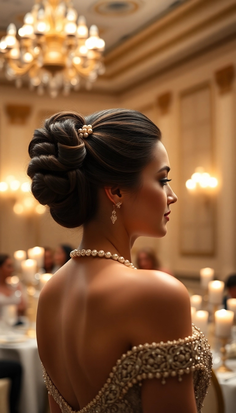 37 Must-Try Formal Hairstyles for Medium Length Hair (You'll Love #22!) - 35. Intricate Updo with Pearls