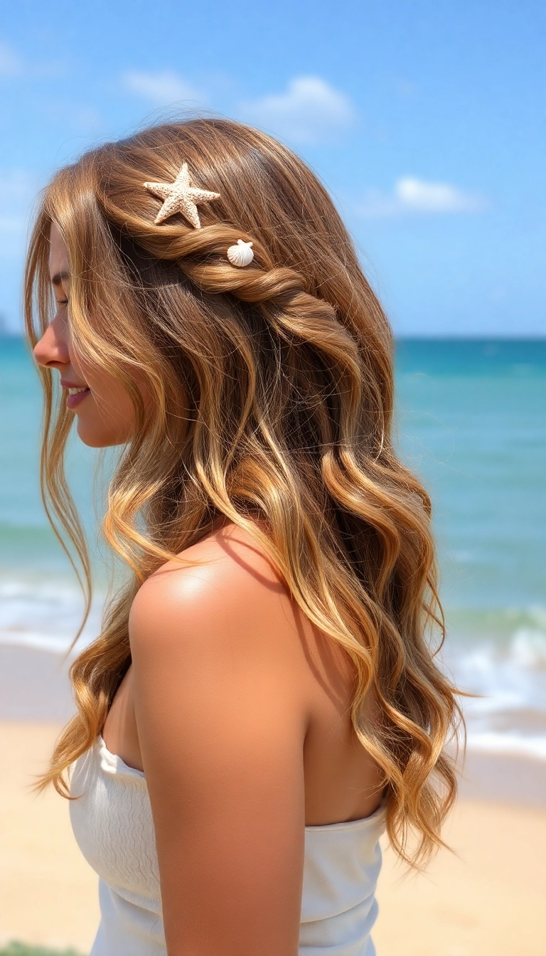 33 Bohemian Rapunzel Hairstyles to Rock at Your Next Festival (You’ll Stand Out!) - 2. Mermaid Waves with Seashell Accents