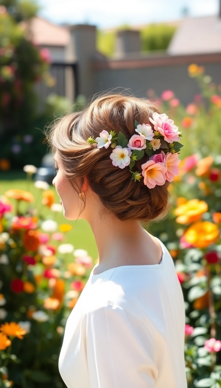 36 Elegant Birthday Hairstyles for a Classy Celebration (Get Inspired!) - 8. Elegant Updo with Flowers